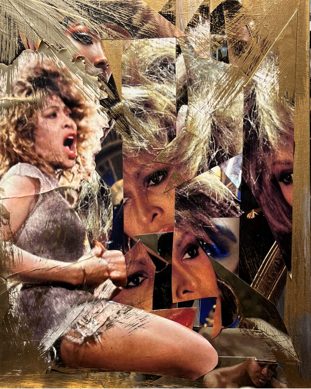 Queen of All Diversity: Tina Turner Tribute Collage | Gold Leaf & Kinetic Energy | Framed 14x18" Iconic Original