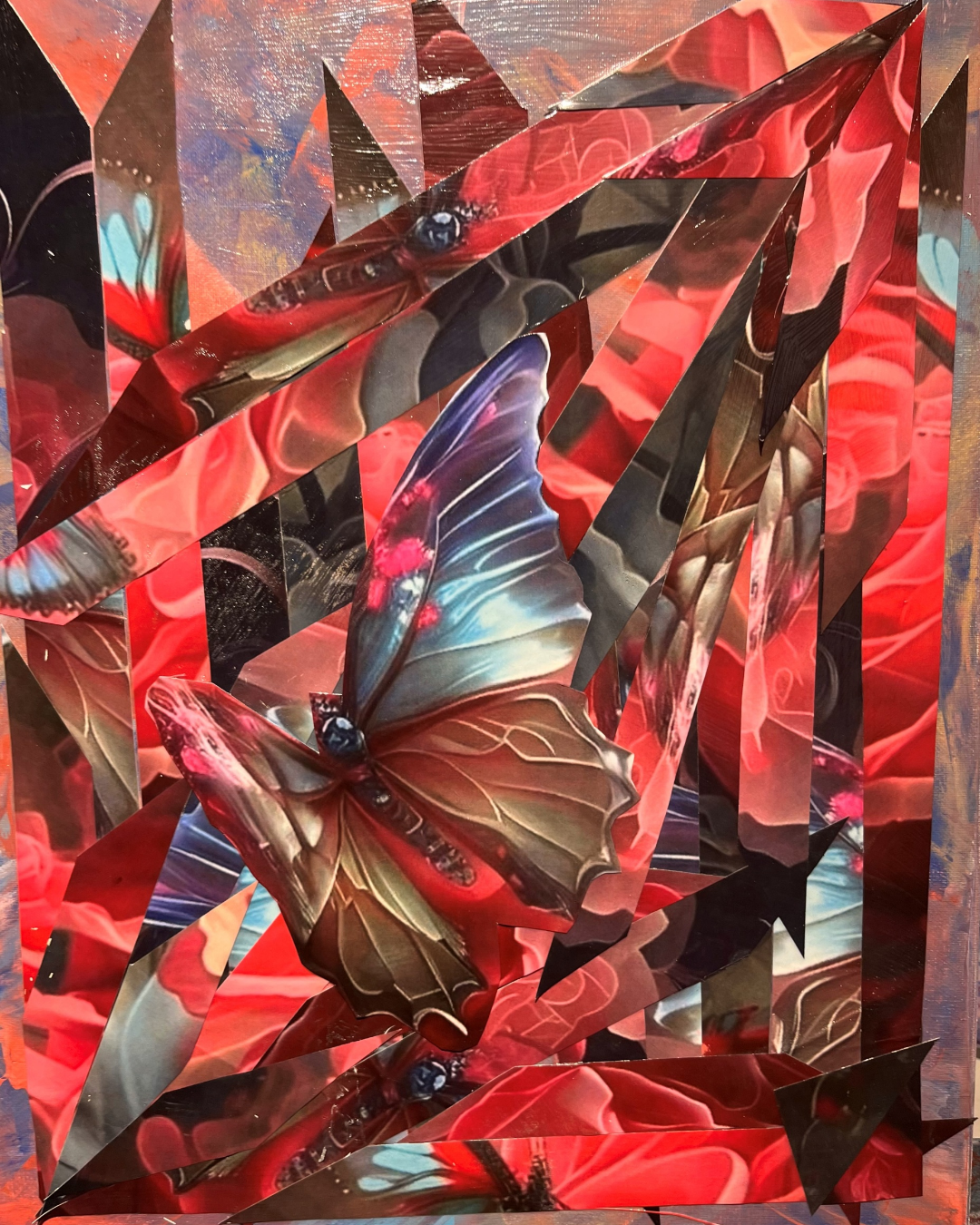 Metamorphosis: Butterfly & Rose Transformation Collage | Vibrant Geometric Textures | Framed 16x24" Original