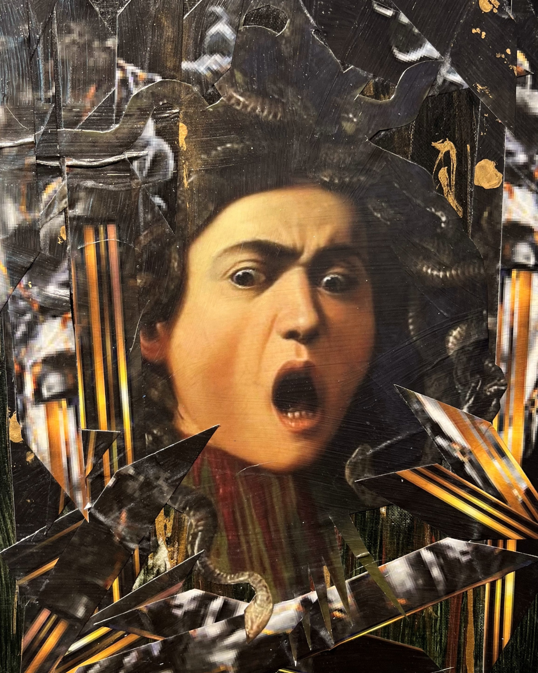 Golden Tears of Lustful Vanities: Medusa Reimagined Collage | Gold Leaf Textures | Framed 18x14" Original + COA