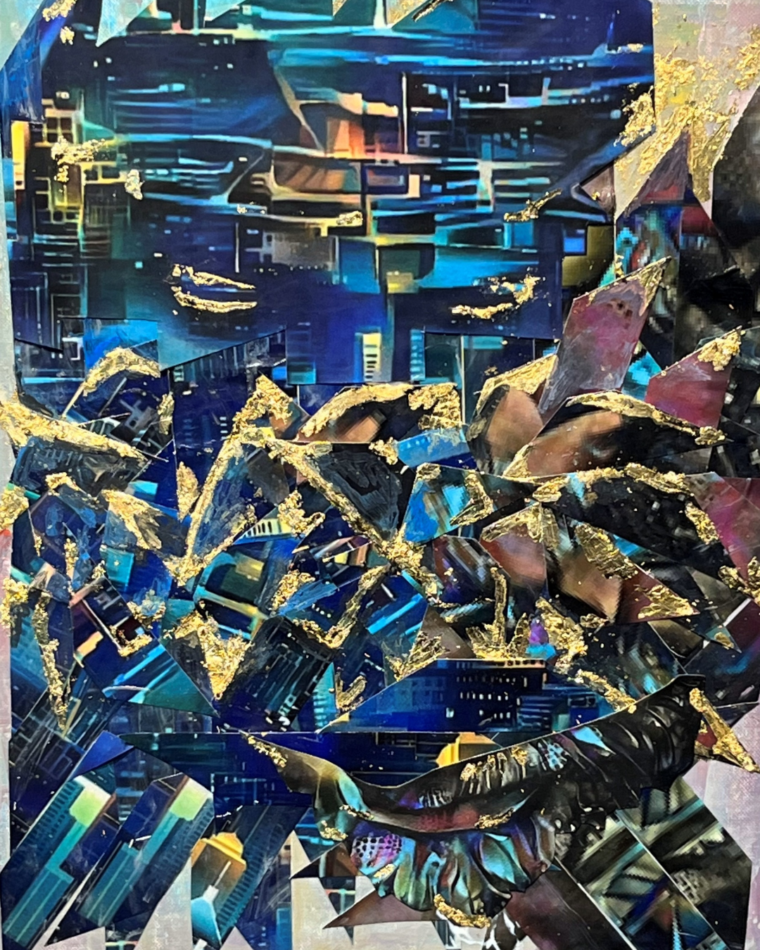 Golden Crown for Those Unseen: Abstract Geometric Collage | Blue & Gold Art | 18x14"