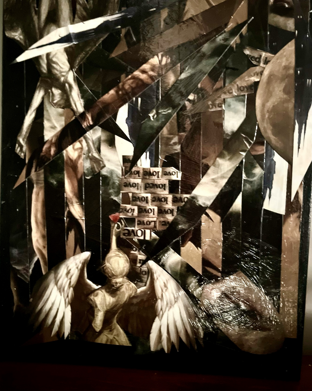 The Heart Desires: Angel & Rose Longing Collage | Monochrome LOVE Text | Framed 20x16" Original + COA