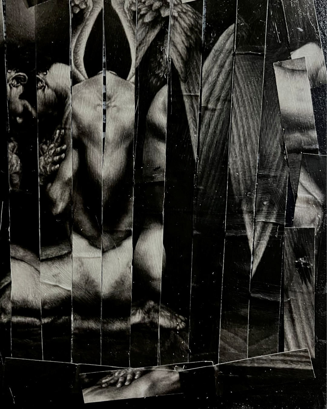 Reflections of the Dark Angel: Monochrome Collage Art | Fragmented Celestial | Framed 20x18" Original