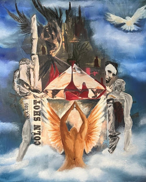 Ascension: Original Mixed Media Collage Art | Gold Wings & Celestial Symbolism | Framed 24x21" Wall Art