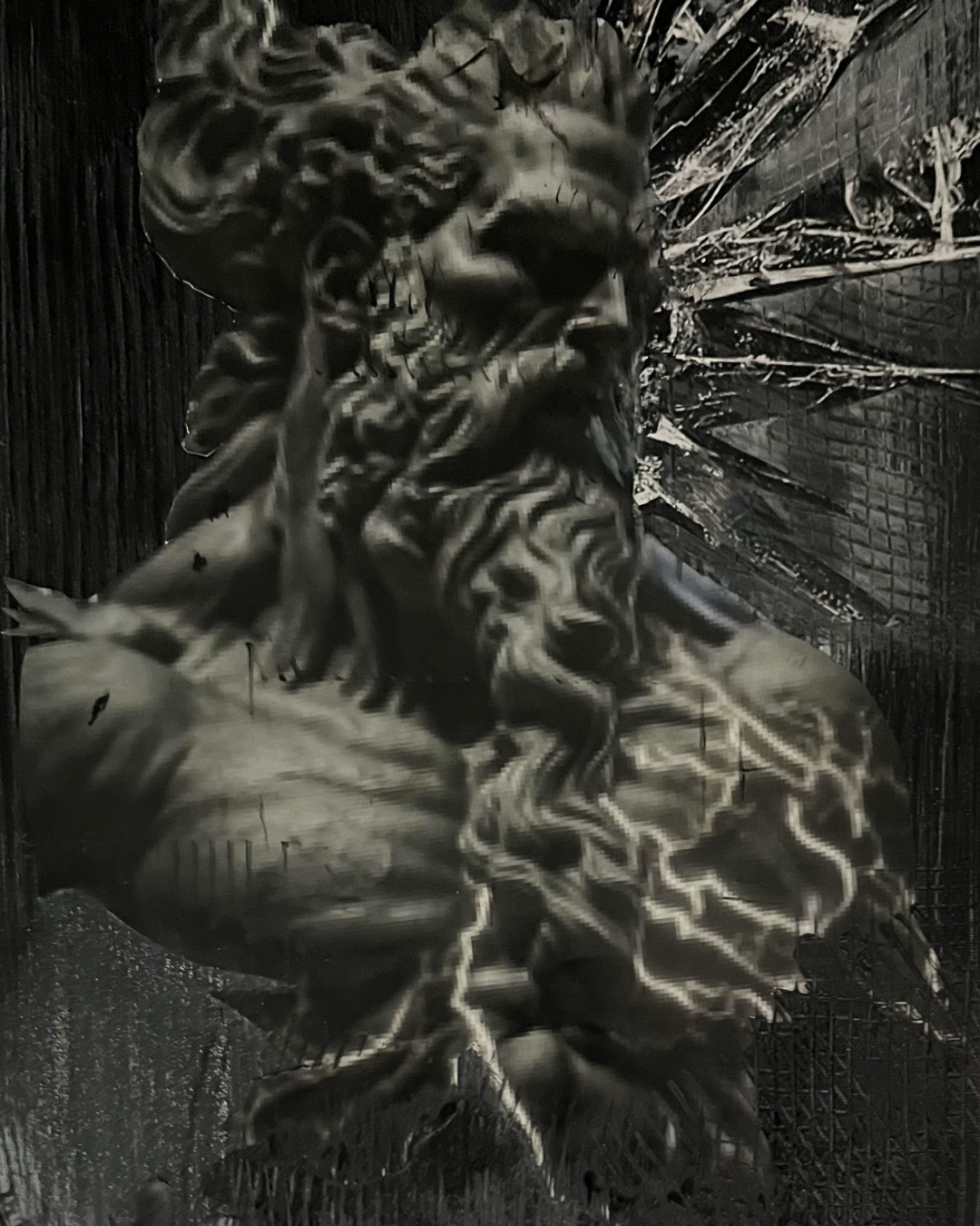 Breaking the Glass Ceiling: Original Monochrome Collage Art | Classical Bust & Lightning Motif | Framed (24”x12”)