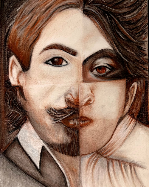 Caravaggio and I: Dual Identity Conte Drawing | Old Master Meets Modern Soul | Framed 22x15" Original