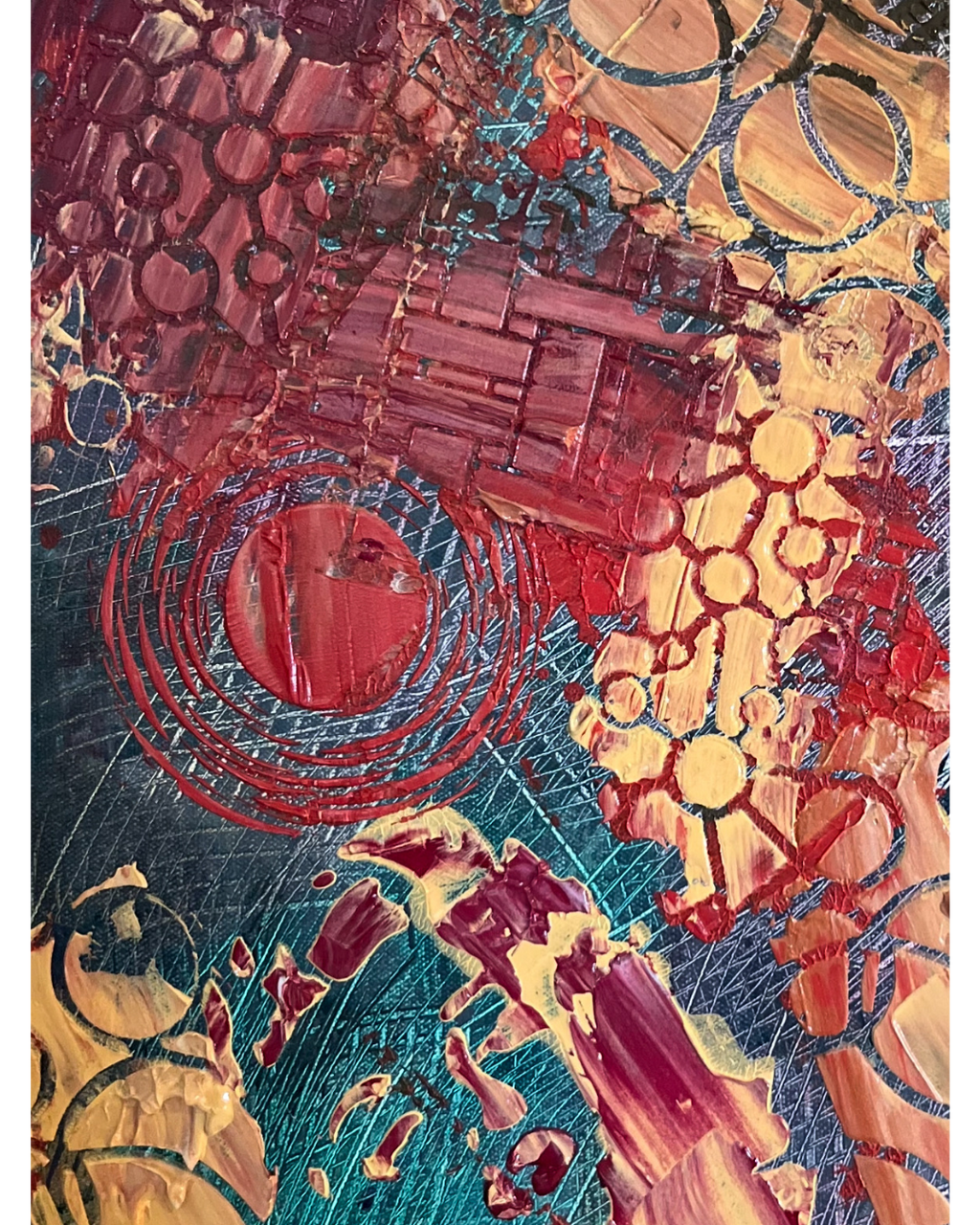 Abstract Layers: Geometric Textured Painting | Deep Reds & Muted Teals | 16x20"