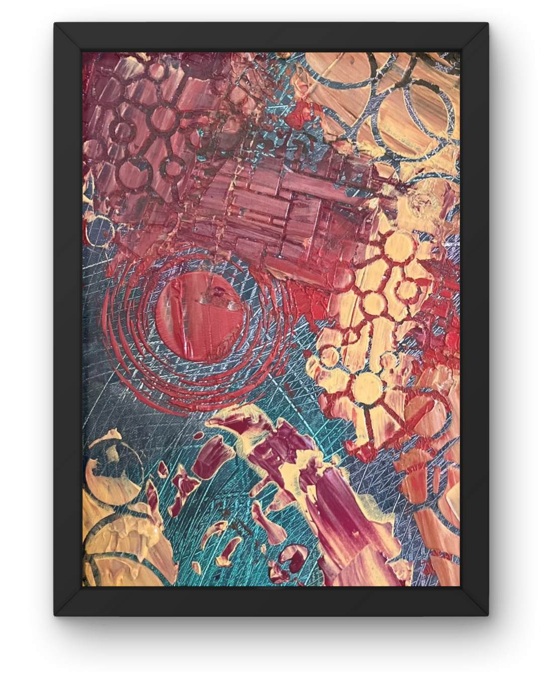 Abstract Layers: Geometric Textured Painting | Deep Reds & Muted Teals | 16x20"
