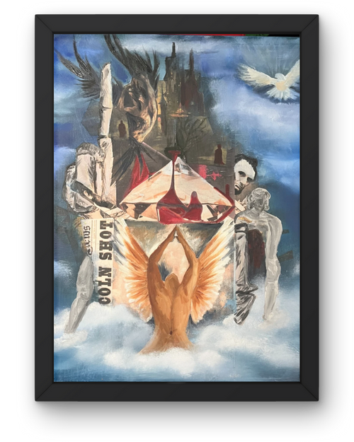 Ascension: Original Mixed Media Collage Art | Gold Wings & Celestial Symbolism | Framed 24x21" Wall Art