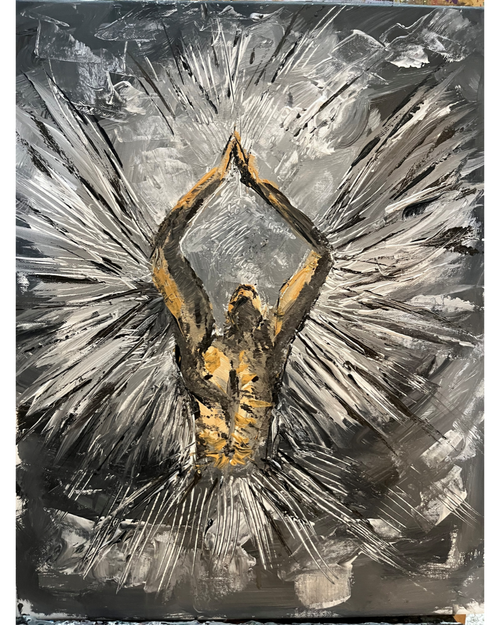 Ascension #2: Solitary Angel Painting | Spiritual Awakening Art | Muted Gray & Beige Tones | 16x20"