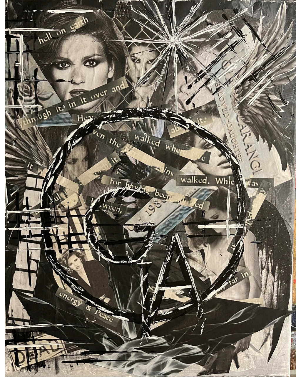 Below Between Above Then Through: Gia Carangi Portrait Collage | Fragmented Identity & Text Art | 16x20"