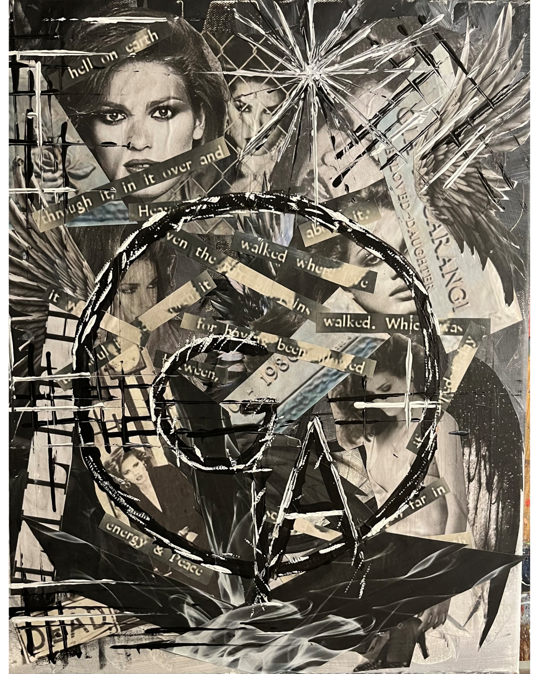 Below Between Above Then Through: Gia Carangi Portrait Collage | Fragmented Identity & Text Art | 16x20"