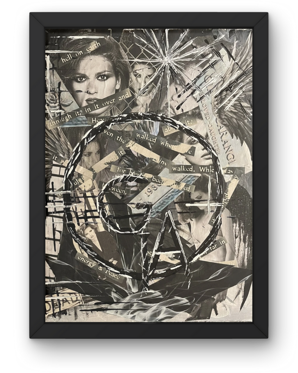 Below Between Above Then Through: Gia Carangi Portrait Collage | Fragmented Identity & Text Art | 16x20"