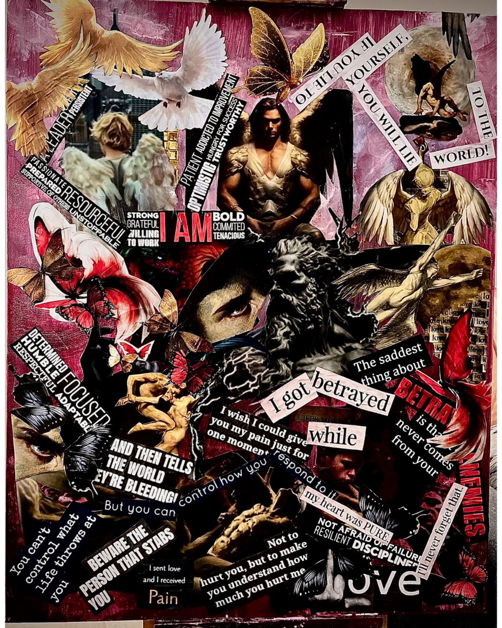 Betrayal: Evocative Text Collage Art | Angels, Butterflies & Bold Phrases | Red & Purple Palette (32” x 40”)