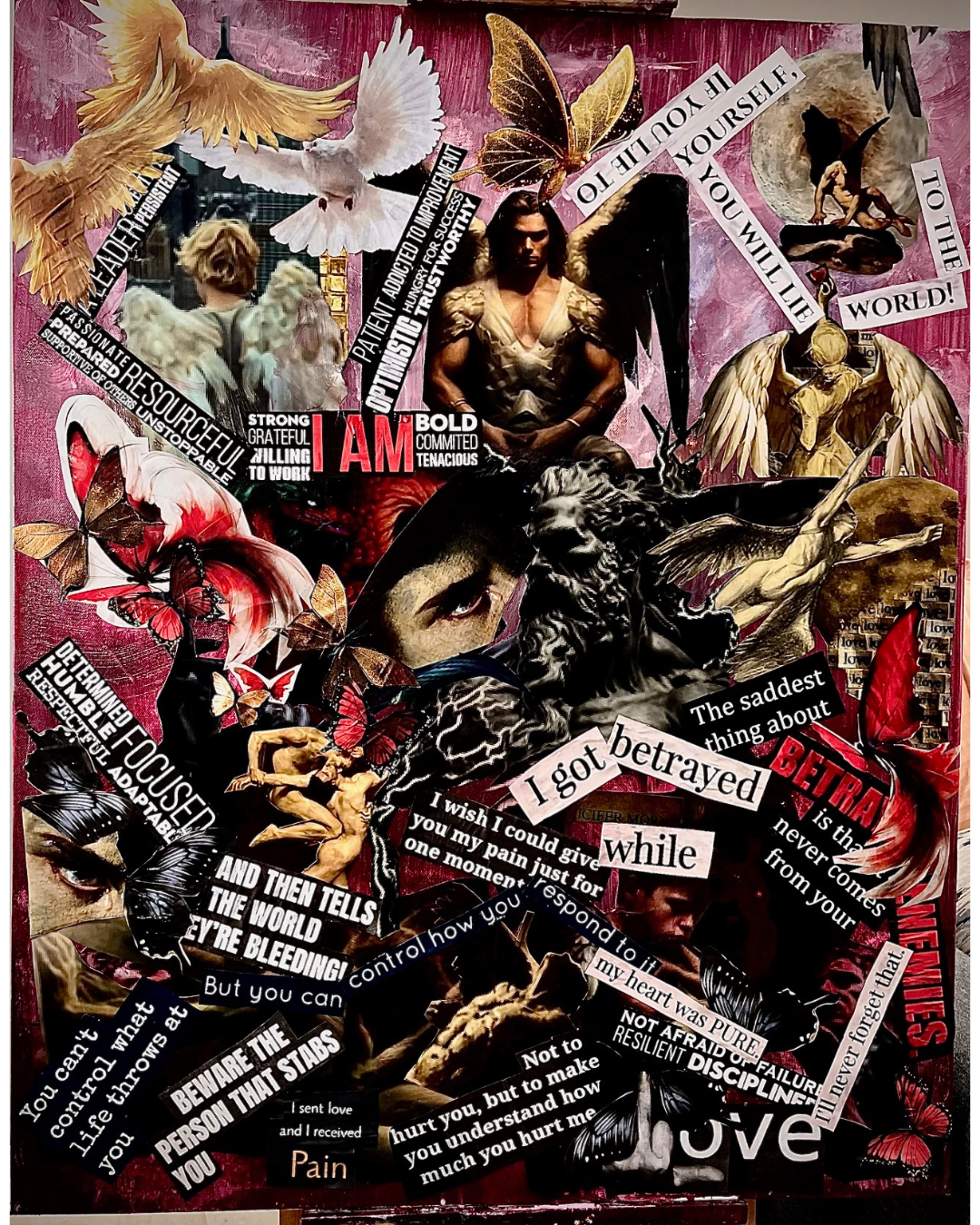 Betrayal: Evocative Text Collage Art | Angels, Butterflies & Bold Phrases | Red & Purple Palette (32” x 40”)
