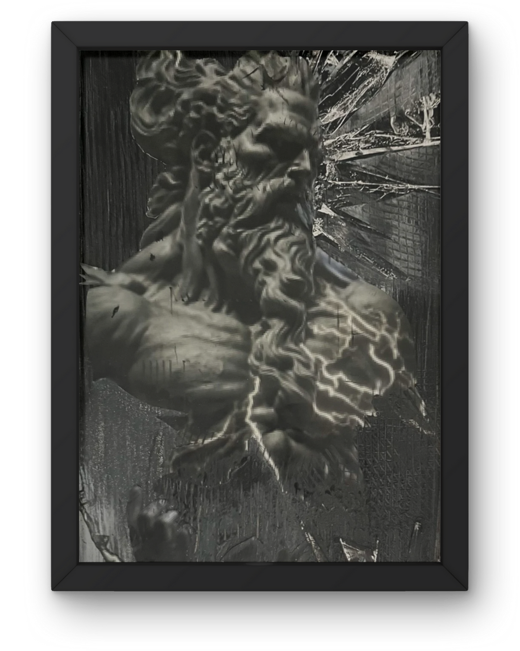 Breaking the Glass Ceiling: Original Monochrome Collage Art | Classical Bust & Lightning Motif | Framed (24”x12”)