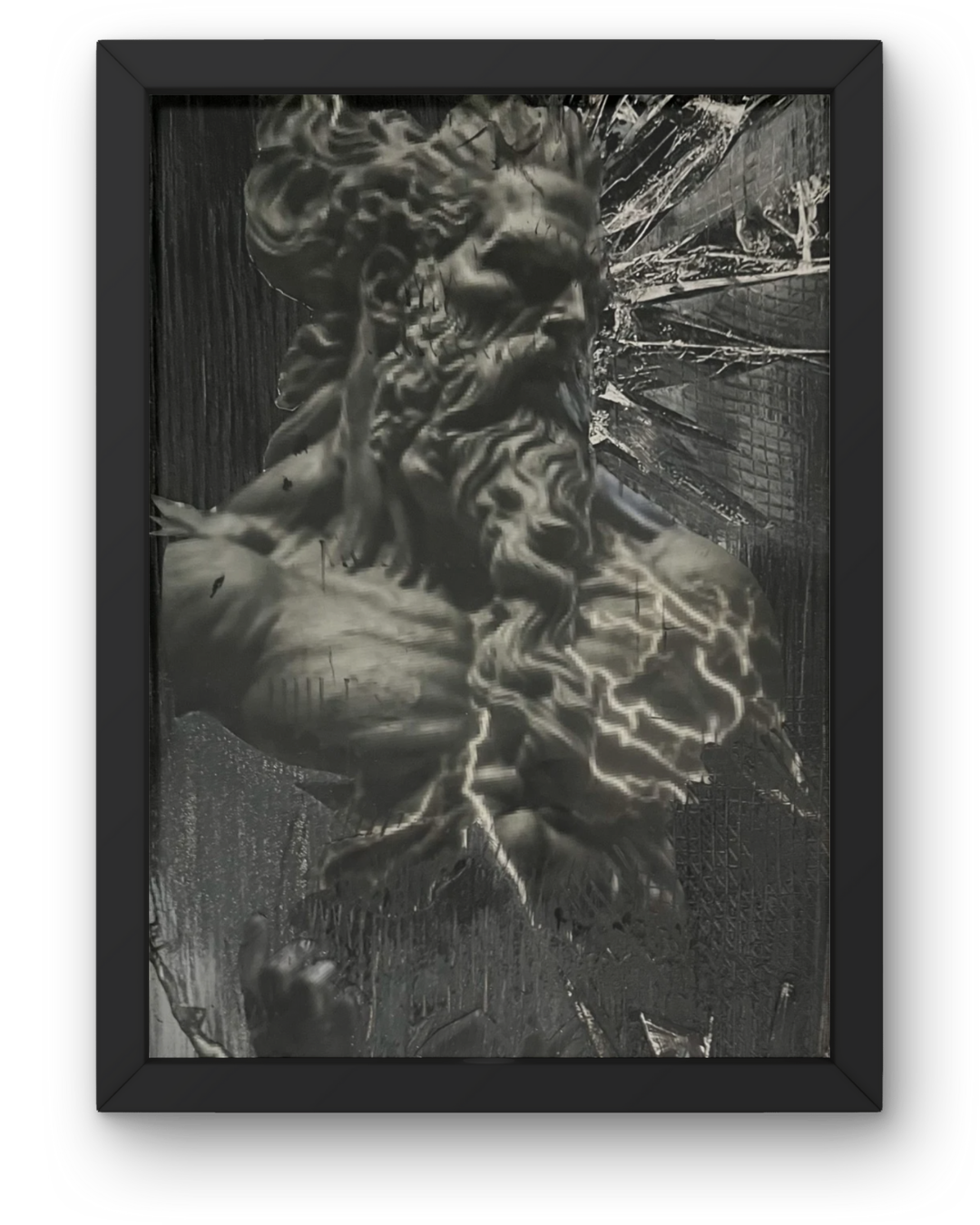 Breaking the Glass Ceiling: Original Monochrome Collage Art | Classical Bust & Lightning Motif | Framed (24”x12”)