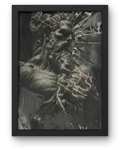 Breaking the Glass Ceiling: Original Monochrome Collage Art | Classical Bust & Lightning Motif | Framed 12x24"