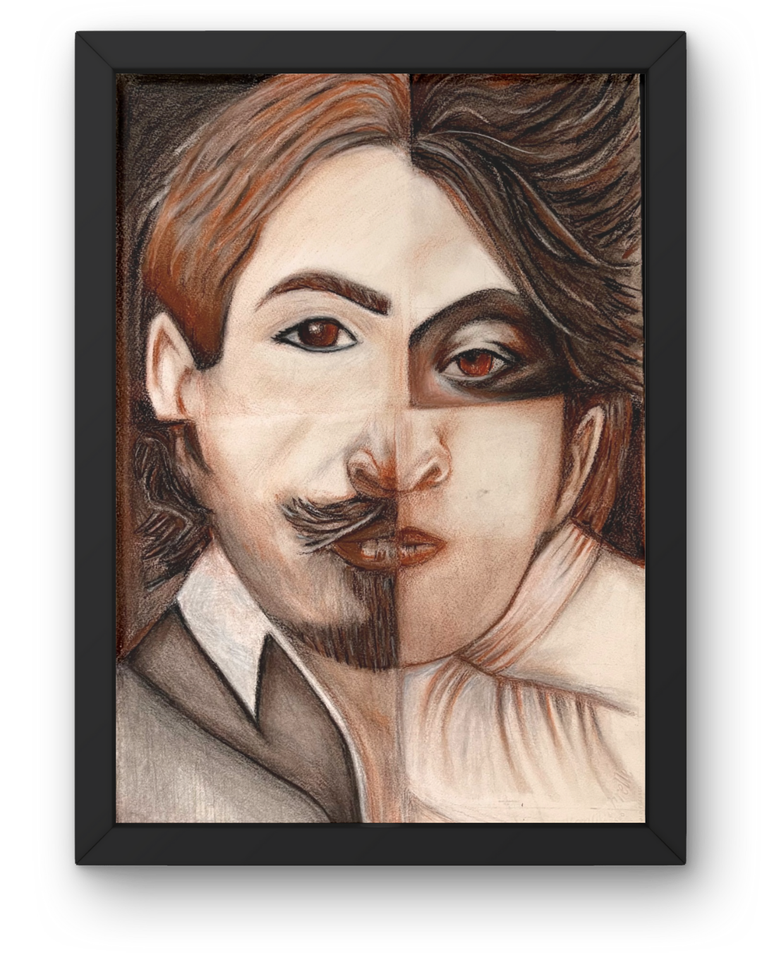 Caravaggio and I: Dual Identity Conte Drawing | Old Master Meets Modern Soul | Framed (22”x15”) Original