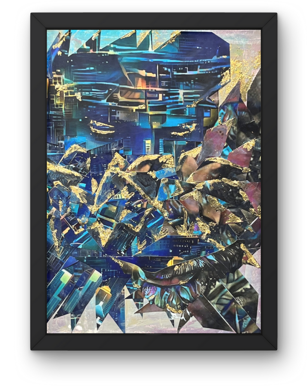 Golden Crown for Those Unseen: Abstract Geometric Collage | Blue & Gold Art | 18x14"