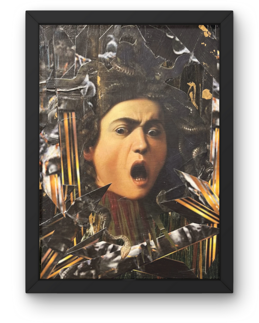 Golden Tears of Lustful Vanities: Medusa Reimagined Collage | Gold Leaf Textures | Framed 18x14" Original + COA