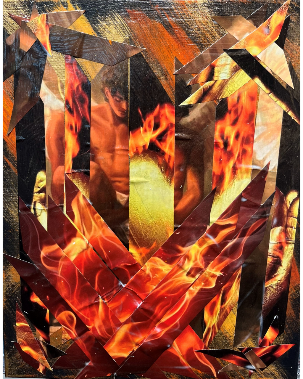 Heart of Gold Up in Flames: Fiery Transformation Collage | Abstract Resilience Art | Framed Original 20”x16”