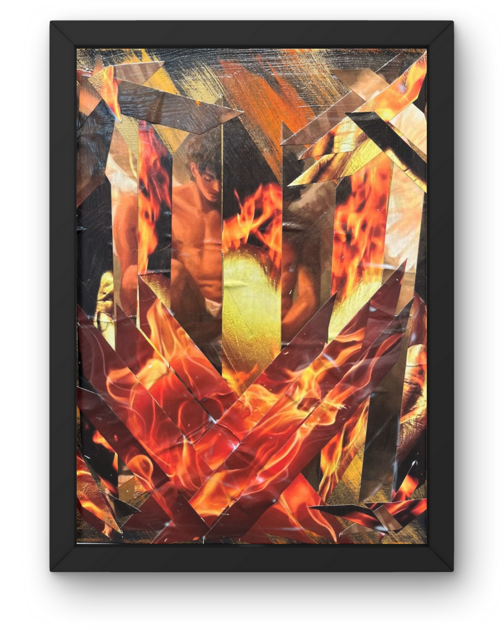Heart of Gold Up in Flames: Fiery Transformation Collage | Abstract Resilience Art | Framed Original 20”x16”