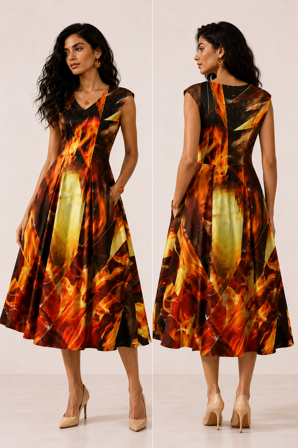 Heart of Gold Up in Flames Audrey Fit & Flare Midi Dress