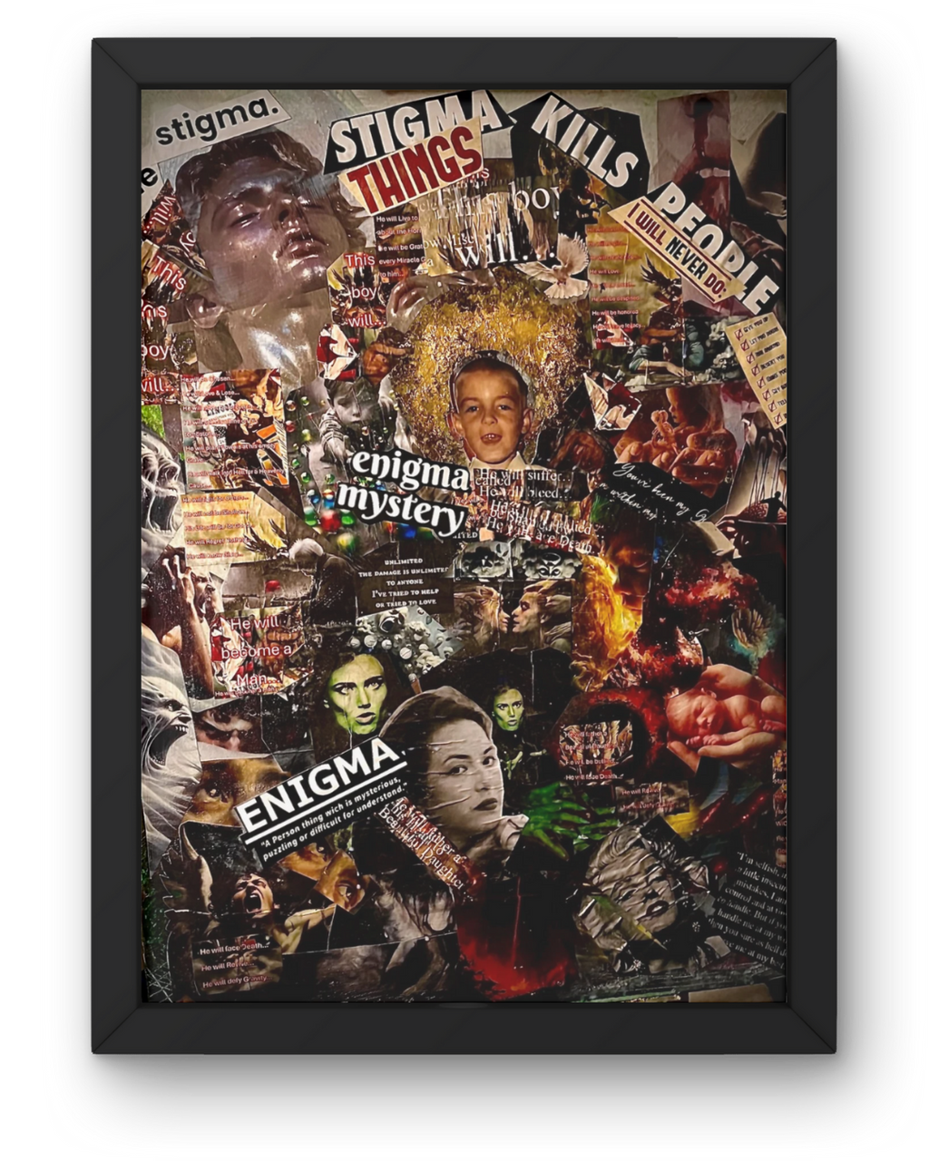 I Am: Identity & Mystery Mixed Media Collage | Text Art with Halo Portrait