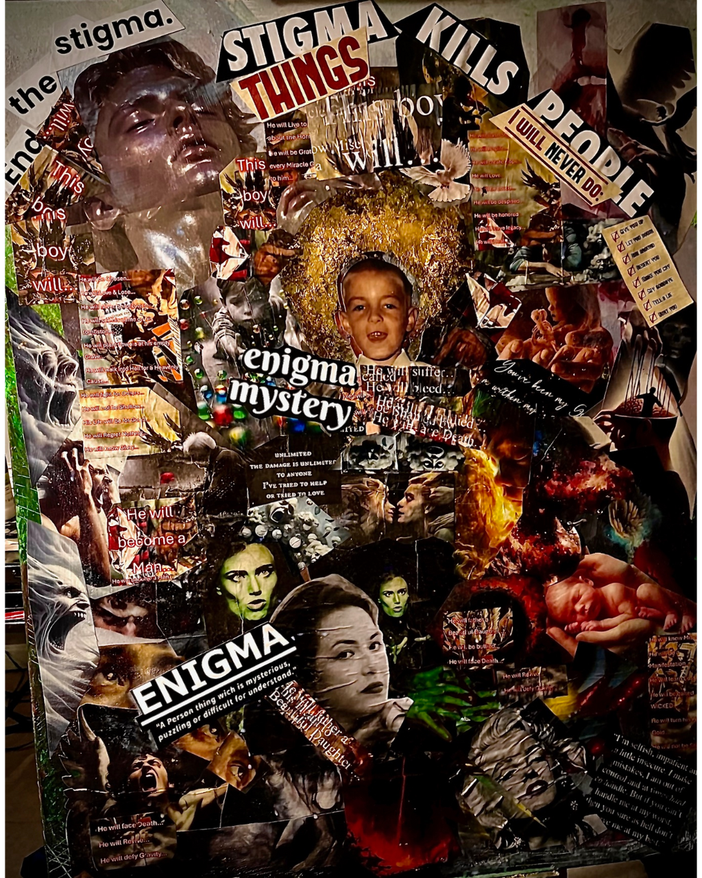 I Am: Identity & Mystery Mixed Media Collage | Text Art with Halo Portrait