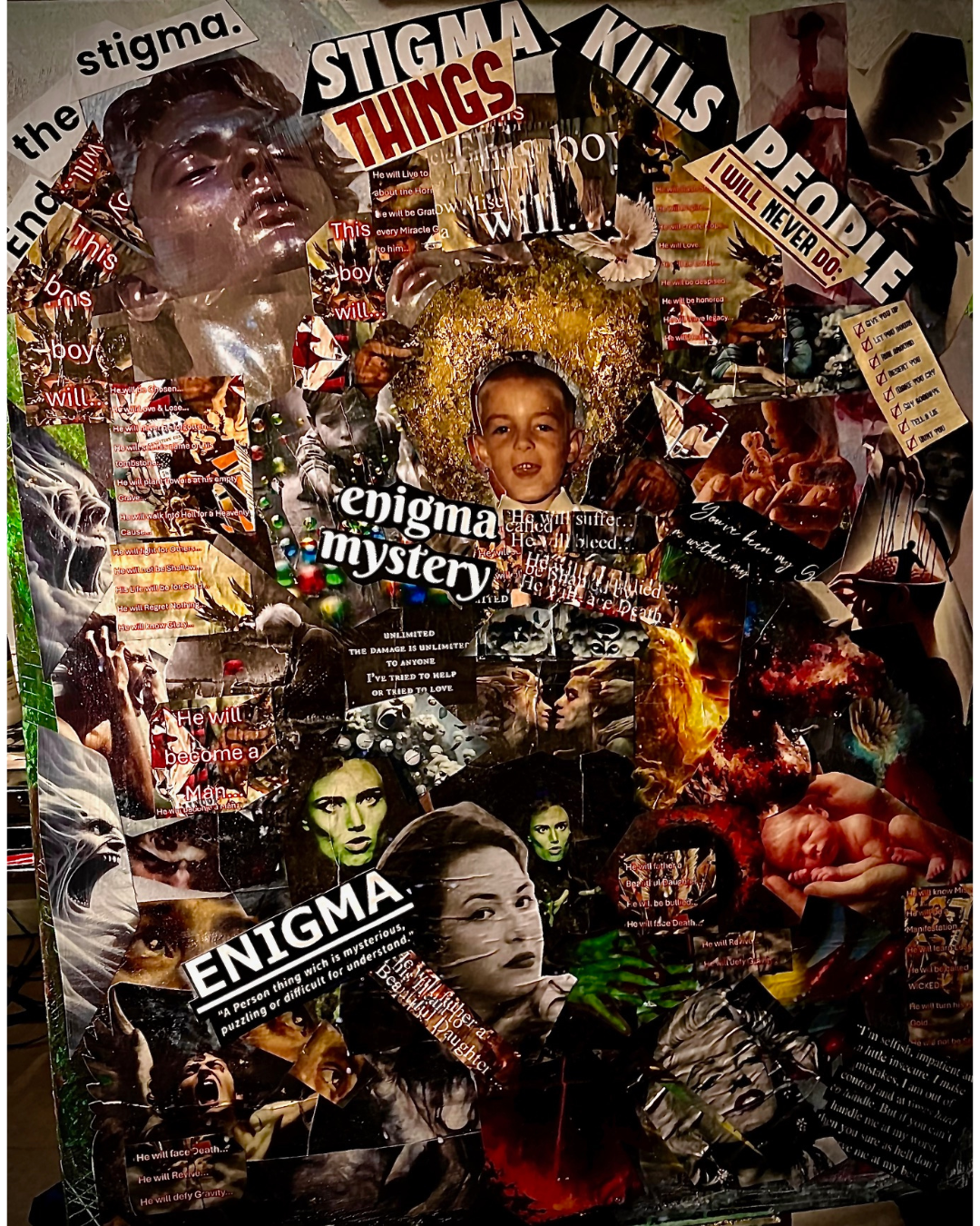 I Am: Identity & Mystery Mixed Media Collage | Text Art with Halo Portrait