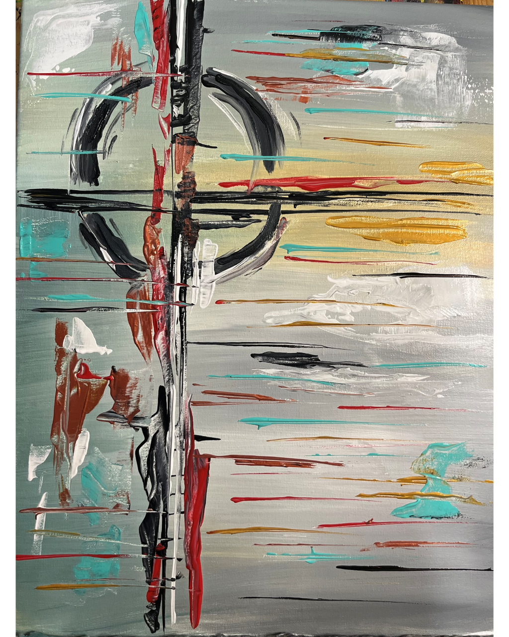 Light Within: Abstract Geometric Composition | Muted Gray with Energetic Color Bursts | 16x20"