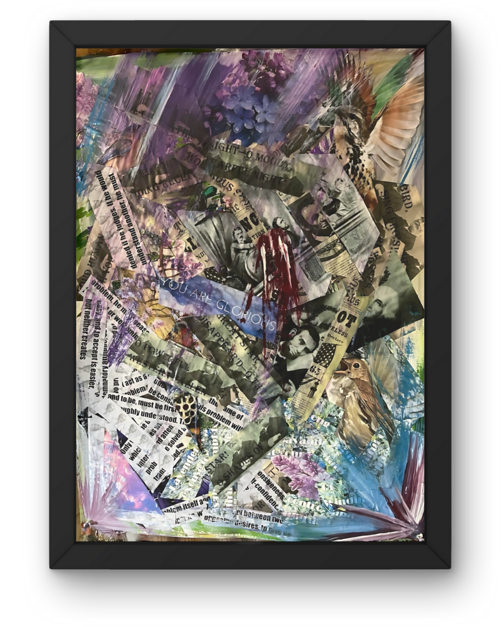 Lilac Massacre: Fragmented Narrative Mixed Media | Torn Newspaper & Floral Motifs | 22.5x30"