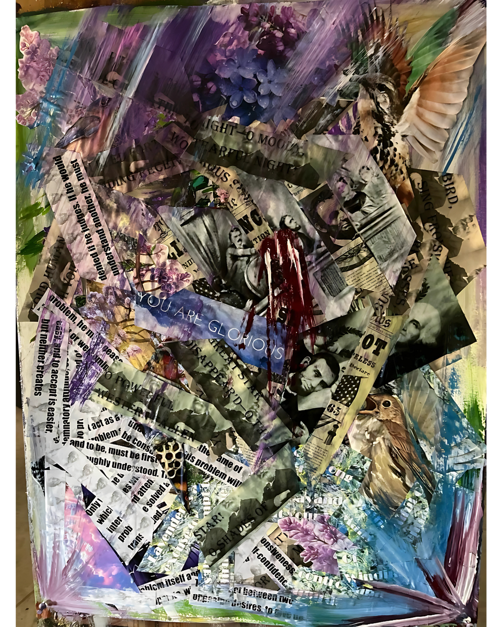 Lilac Massacre: Fragmented Narrative Mixed Media | Torn Newspaper & Floral Motifs | 22.5x30"