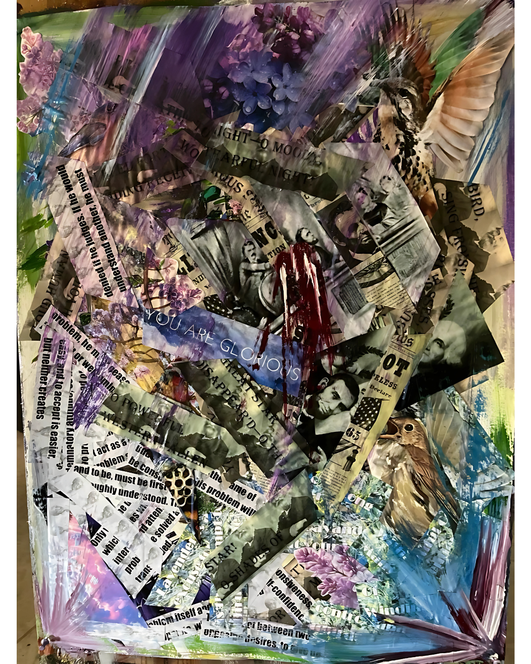 Lilac Massacre: Fragmented Narrative Mixed Media | Torn Newspaper & Floral Motifs | 22.5x30"