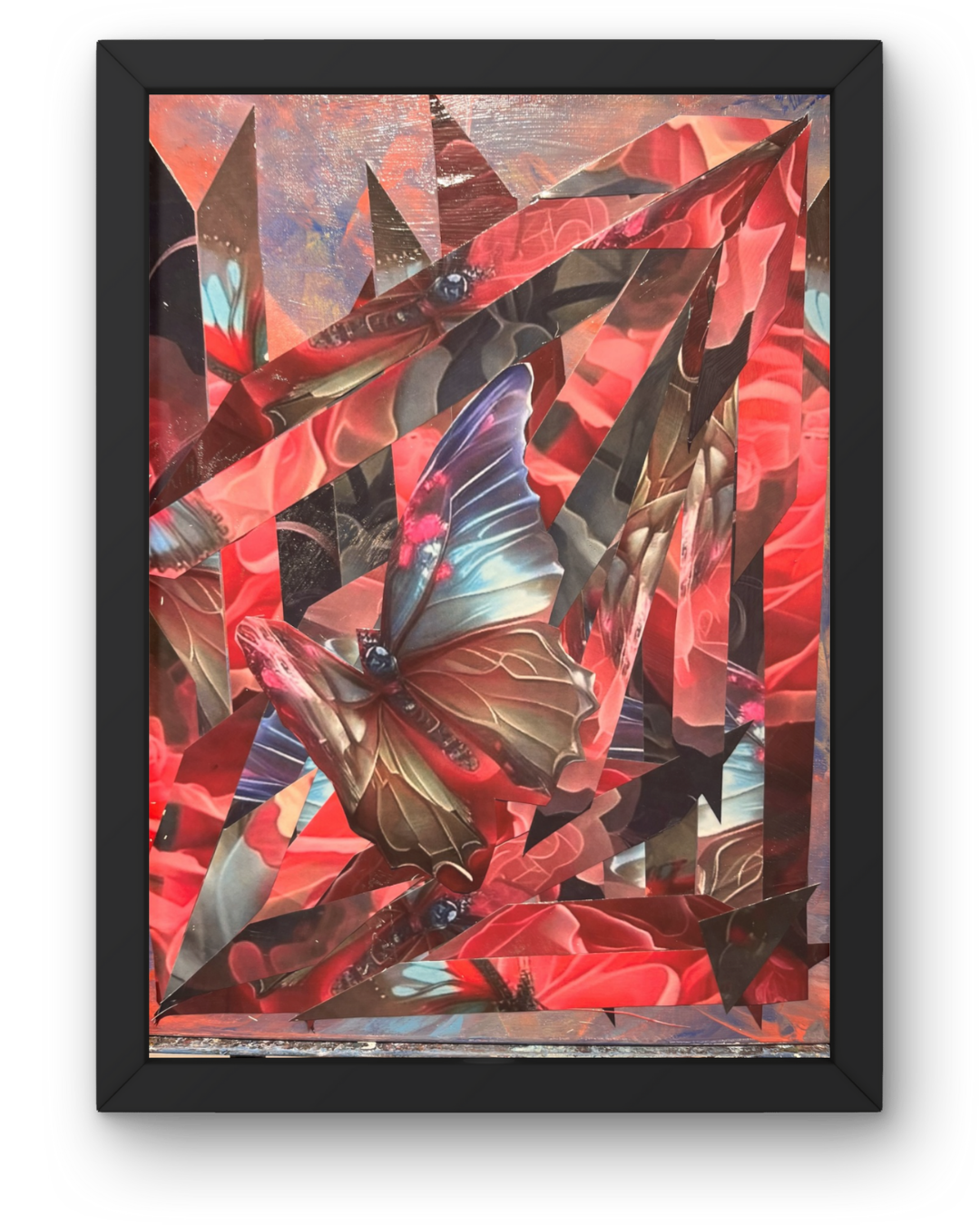 Metamorphosis: Butterfly & Rose Transformation Collage | Vibrant Geometric Textures | Framed 16x24" Original