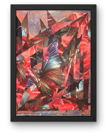 Metamorphosis: Butterfly & Rose Transformation Collage | Vibrant Geometric Textures | Framed 20”x16” Original