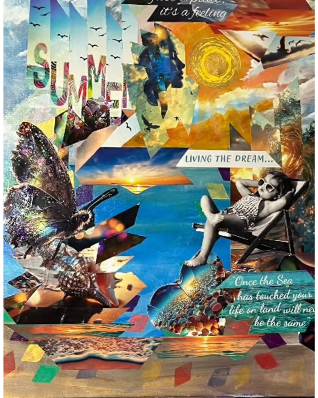 Summer Time Fun: Vibrant Seasonal Collage | Iridescent Butterfly & Seaside Nostalgia | 30x40"