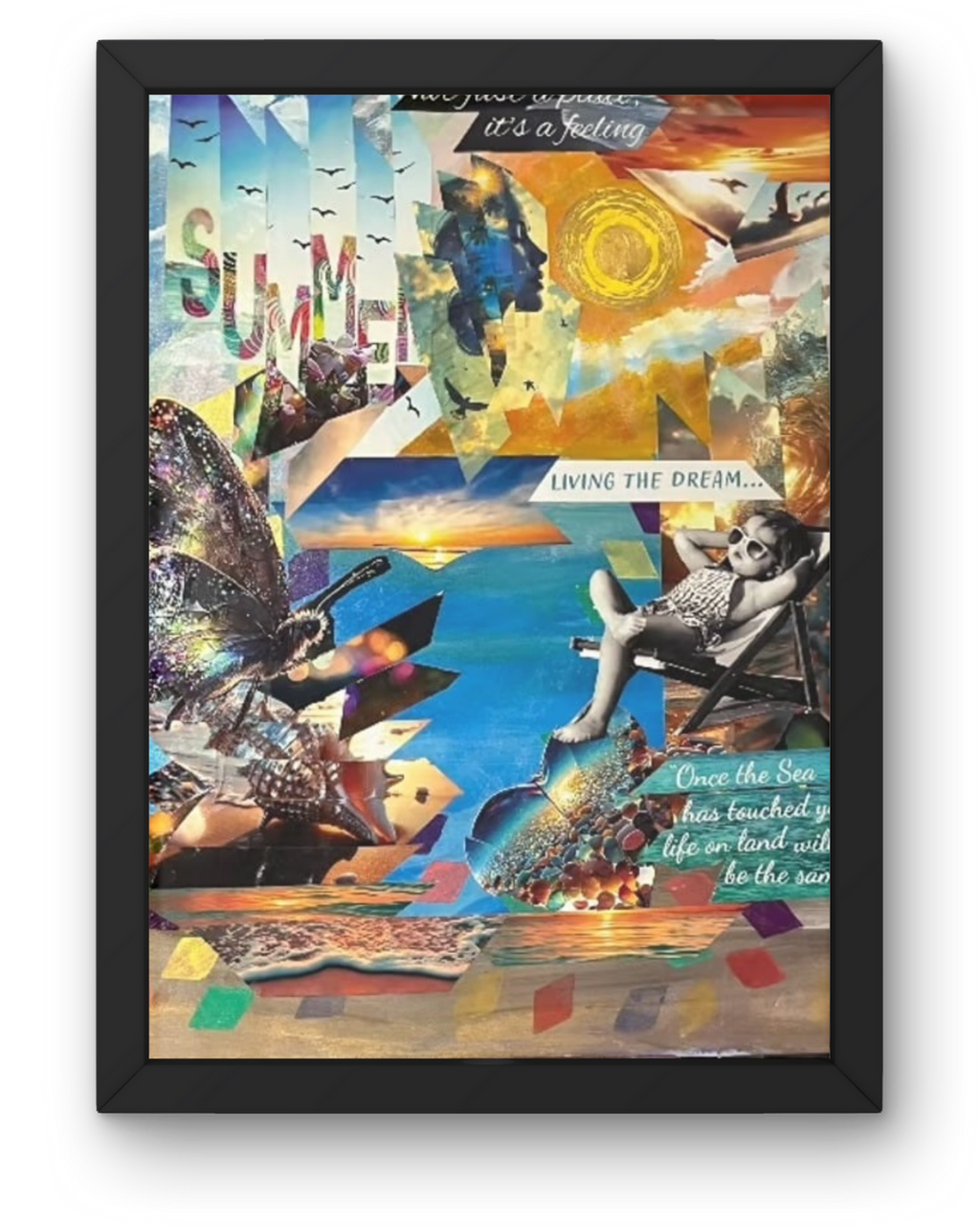 Summer Time Fun: Vibrant Seasonal Collage | Iridescent Butterfly & Seaside Nostalgia | 30x40"