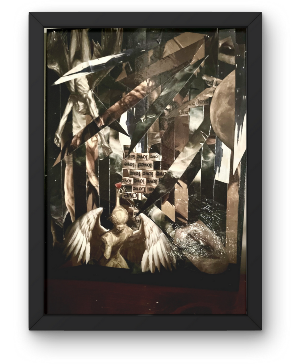 The Heart Desires: Angel & Rose Longing Collage | Monochrome LOVE Text | Framed 20x16" Original + COA