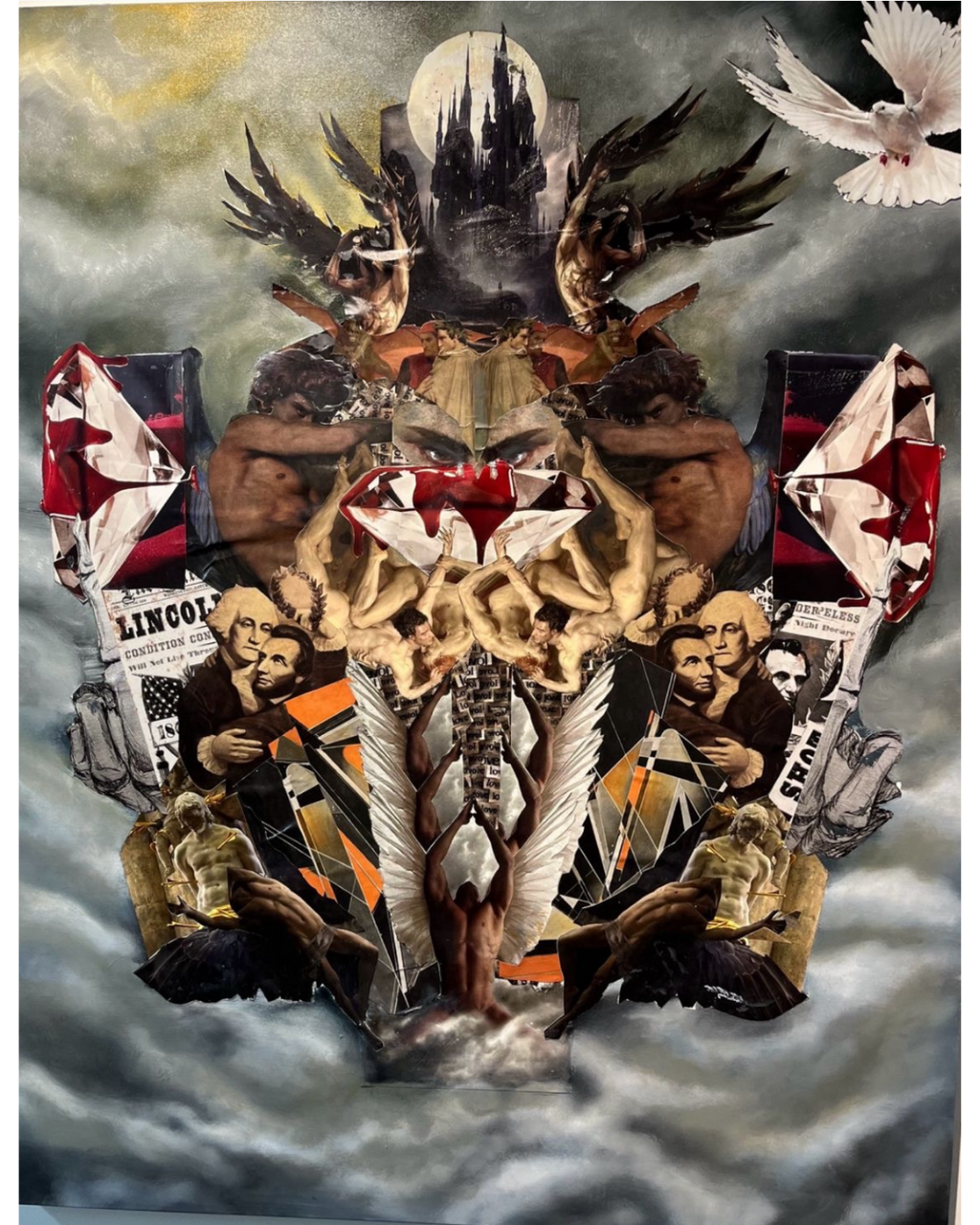 Tower of Babel: Mystical Symmetrical Collage | Gothic Castle & Winged Figures 60”x48”
