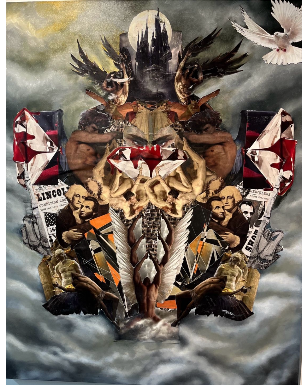 Tower of Babel: Mystical Symmetrical Collage | Gothic Castle & Winged Figures 60”x48”
