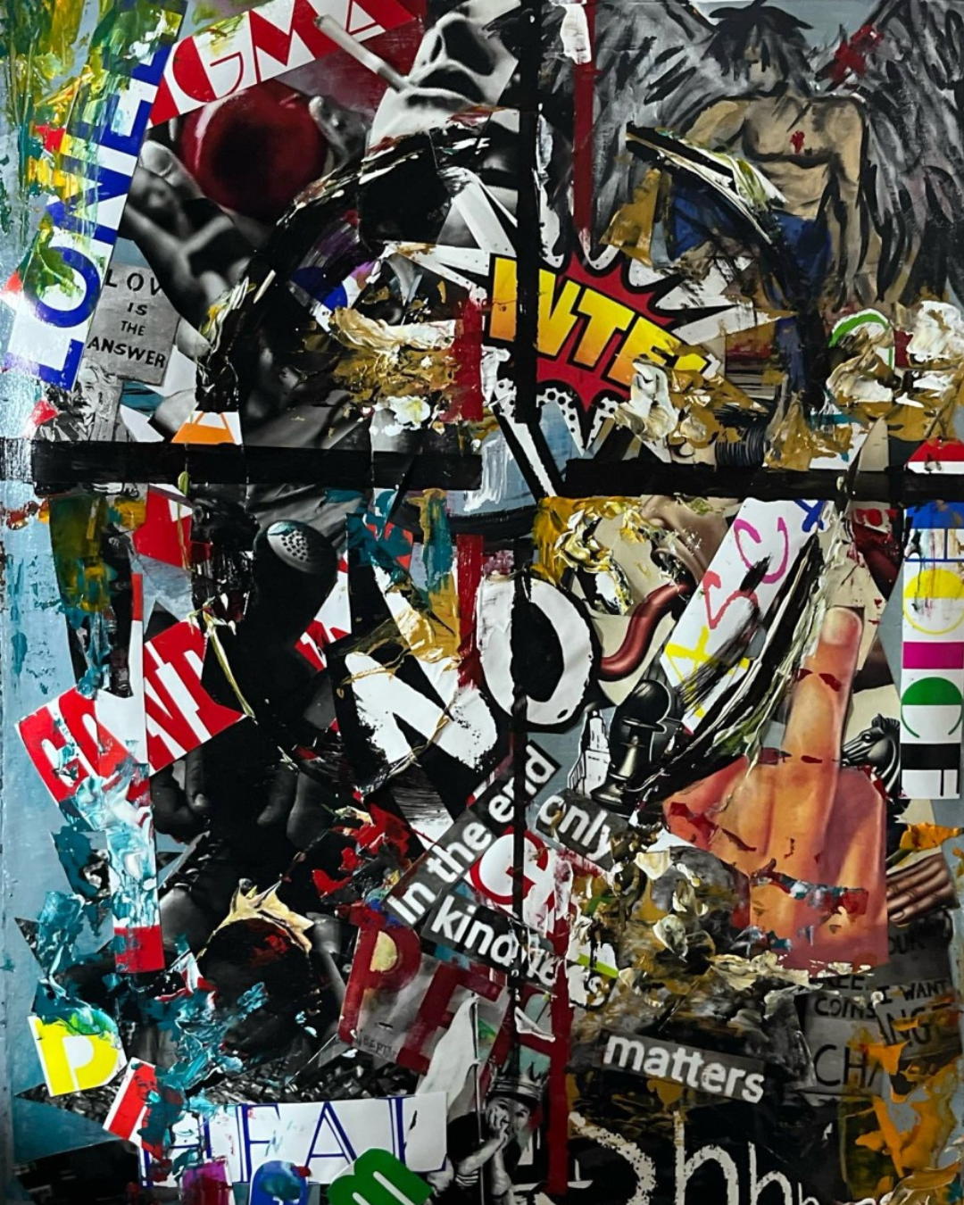 What The Fuck: Provocative Mixed Media Collage | Rebellious Typography & Winged Figure | 22.5x30"